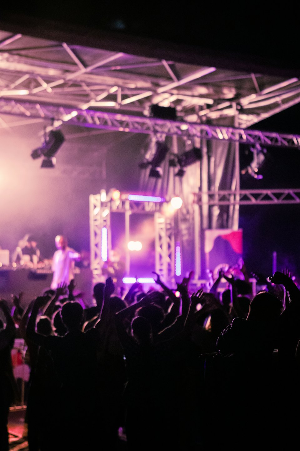 Crowd cheering with hands raised at a nighttime music festival.