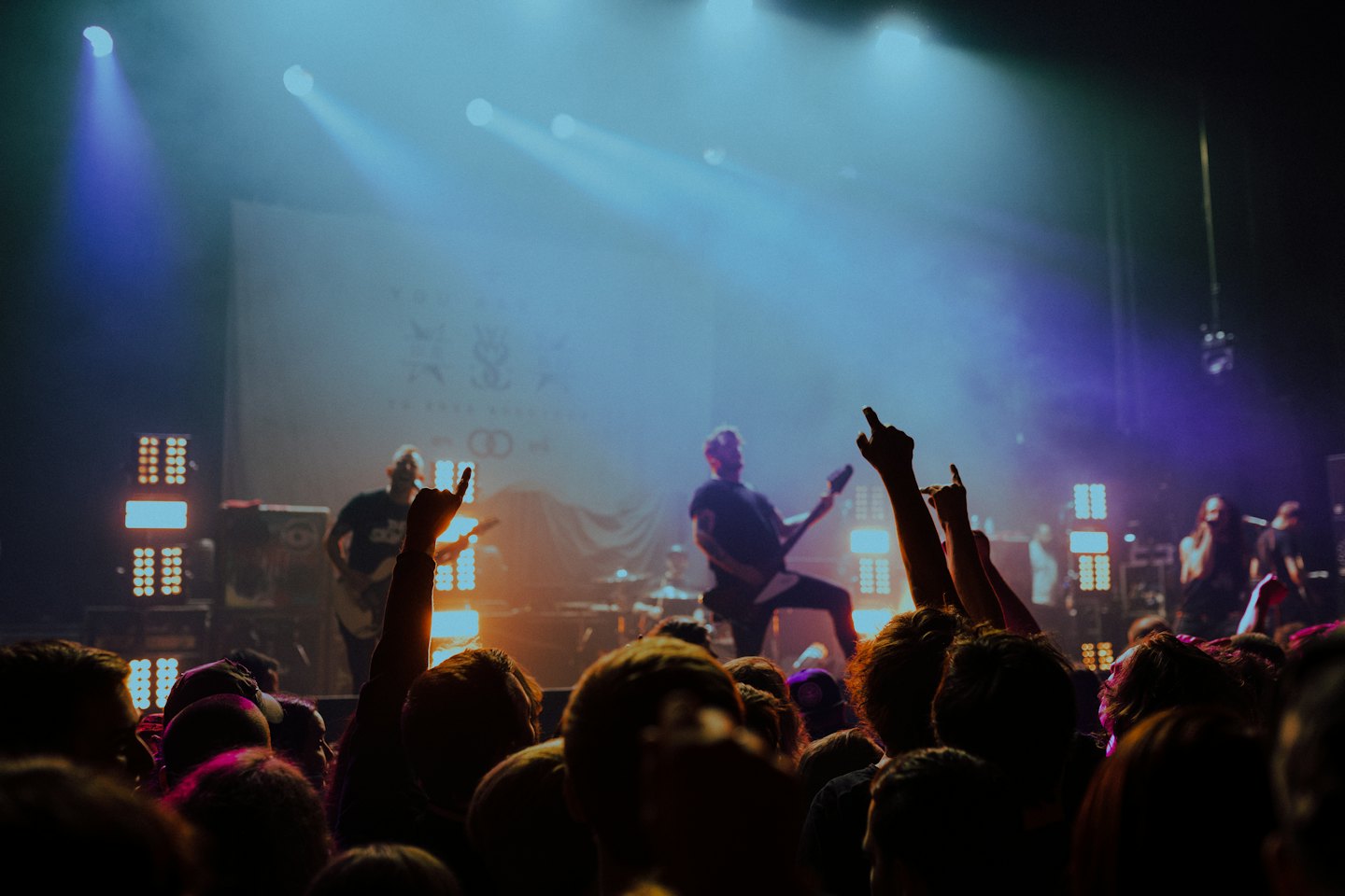 Crowd with hands raised at a rock concert.