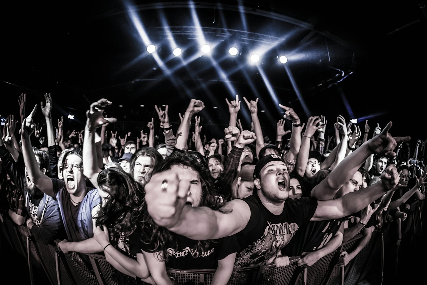 Concert crowd raising their hands and singing at a show.